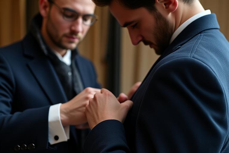 Bespoke tailoring service, tailor adjusting a suit on a client